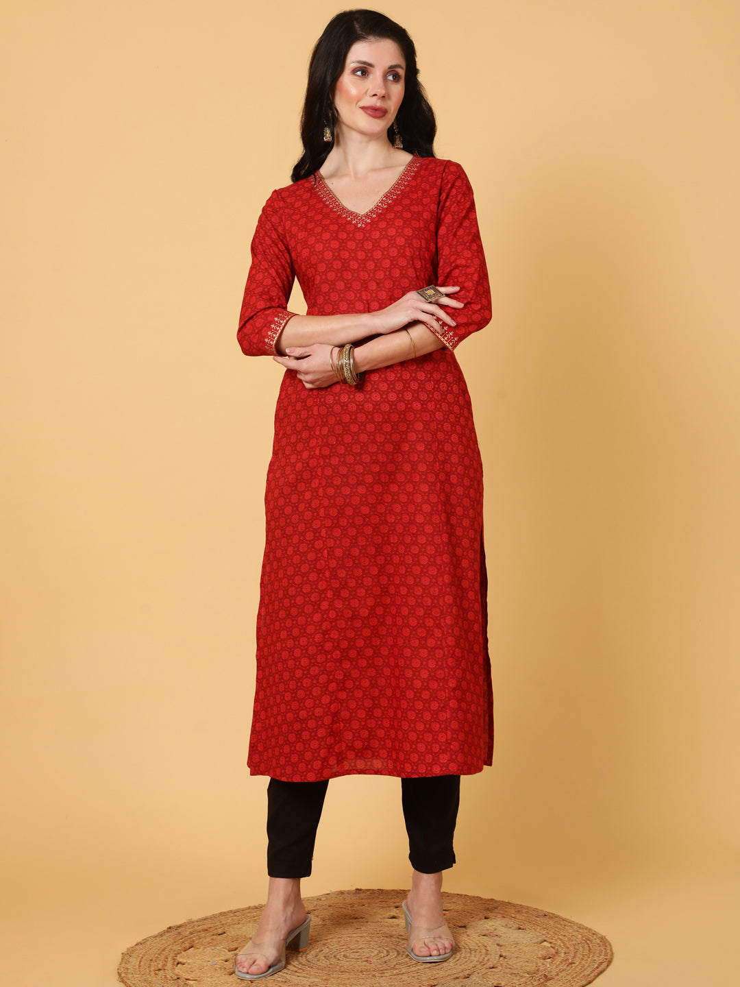 Cotton  Calf Length Printed Straight 3/4 Sleeves V-Neck Kurta