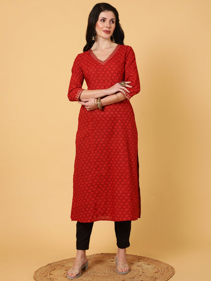 Cotton  Calf Length Printed Straight 3/4 Sleeves V-Neck Kurta