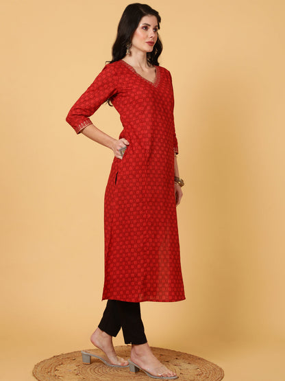 Cotton  Calf Length Printed Straight 3/4 Sleeves V-Neck Kurta
