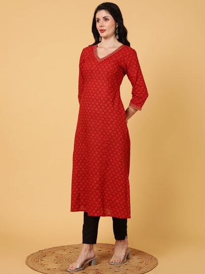 Cotton  Calf Length Printed Straight 3/4 Sleeves V-Neck Kurta