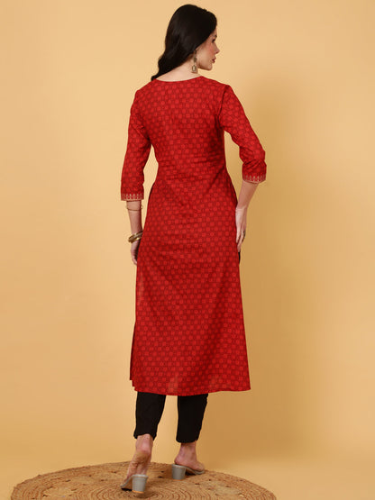 Cotton  Calf Length Printed Straight 3/4 Sleeves V-Neck Kurta