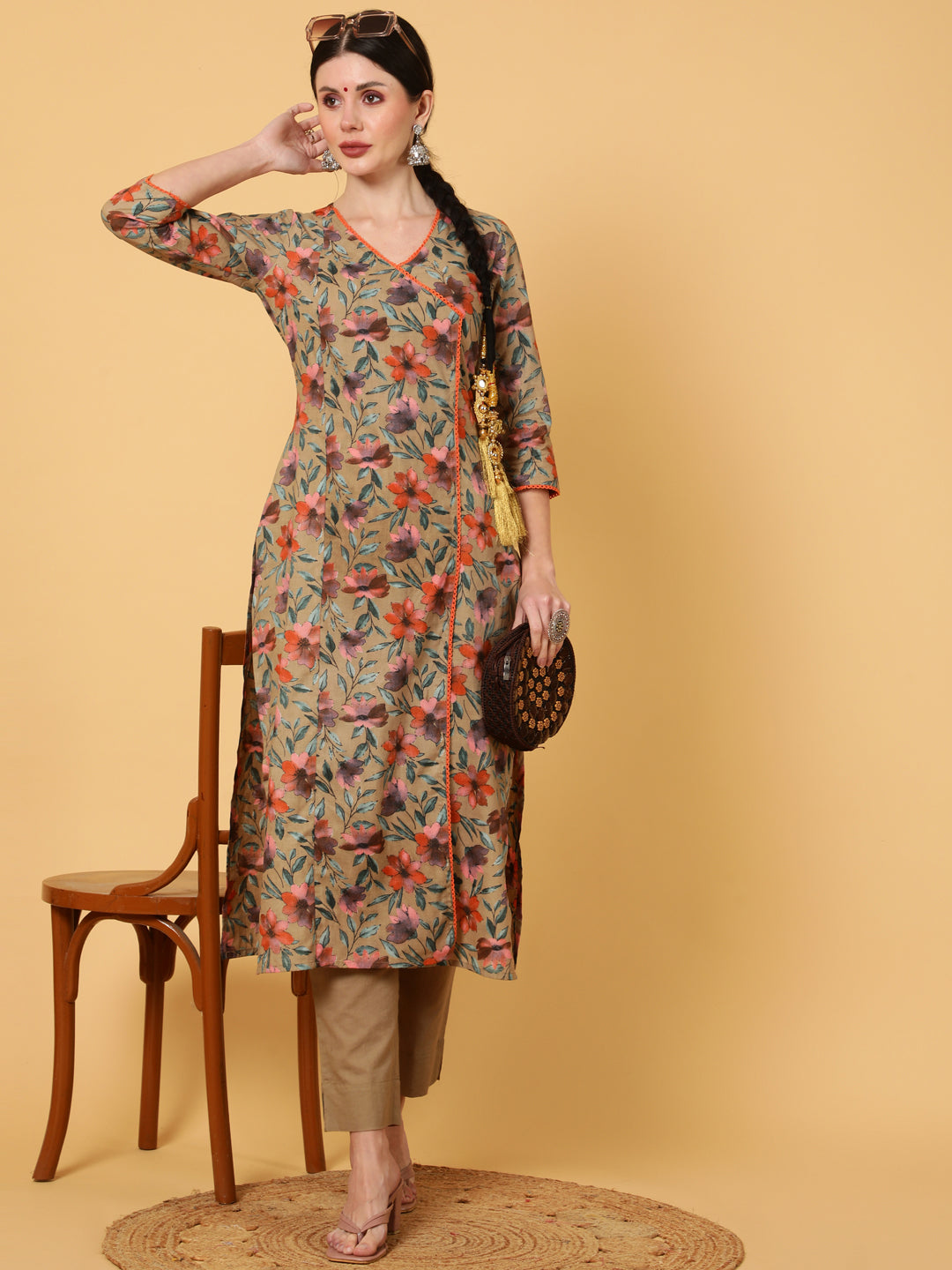 Cotton  Calf Length Printed Straight 3/4 Sleeves V-Neck Kurta