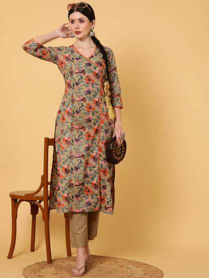 Cotton  Calf Length Printed Straight 3/4 Sleeves V-Neck Kurta