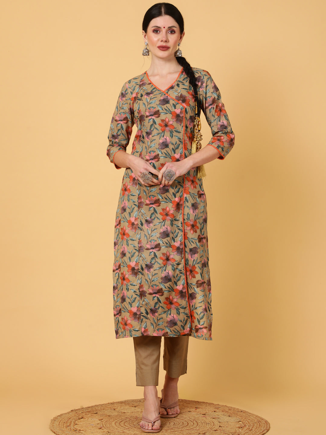 Cotton  Calf Length Printed Straight 3/4 Sleeves V-Neck Kurta