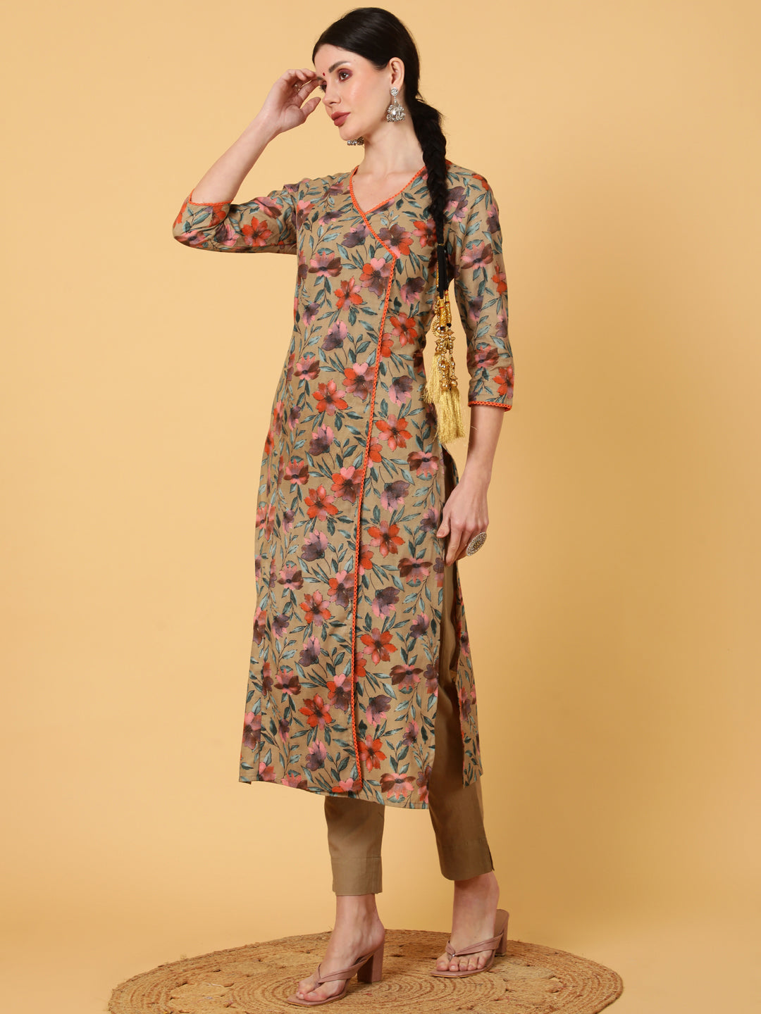 Cotton  Calf Length Printed Straight 3/4 Sleeves V-Neck Kurta