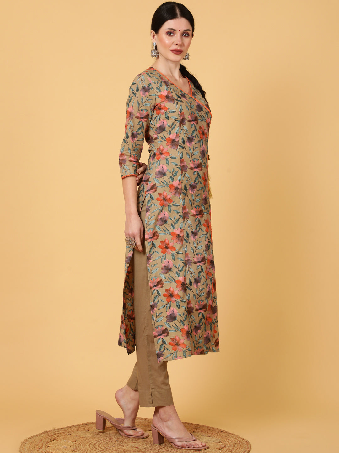 Cotton  Calf Length Printed Straight 3/4 Sleeves V-Neck Kurta
