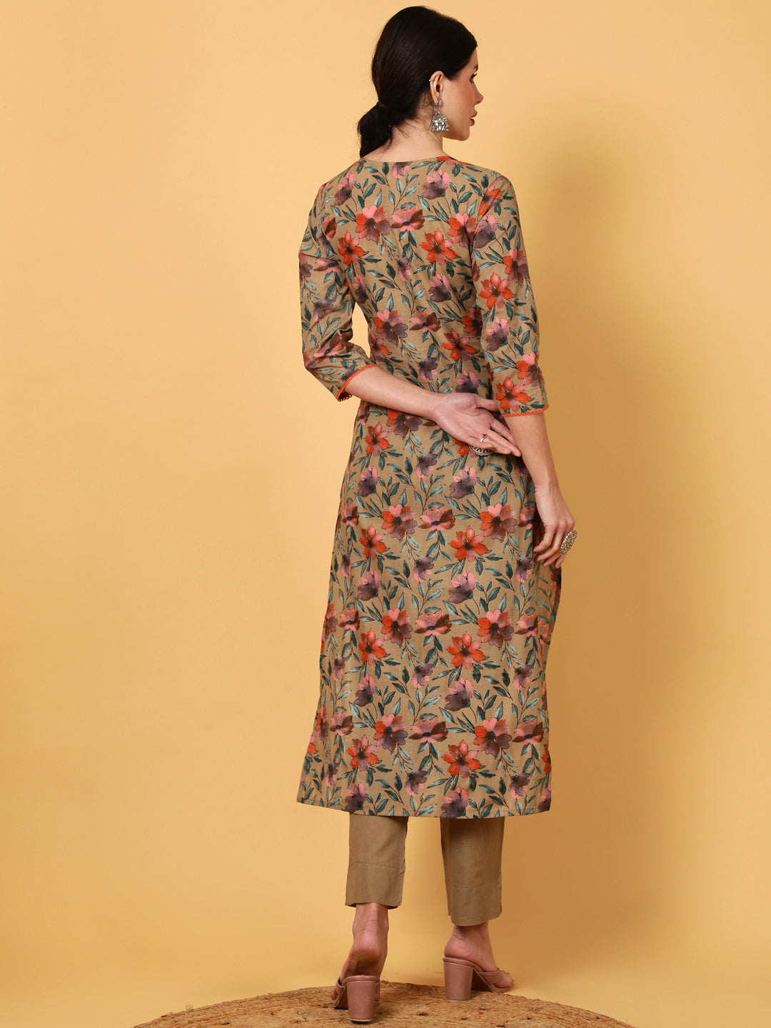 Cotton  Calf Length Printed Straight 3/4 Sleeves V-Neck Kurta