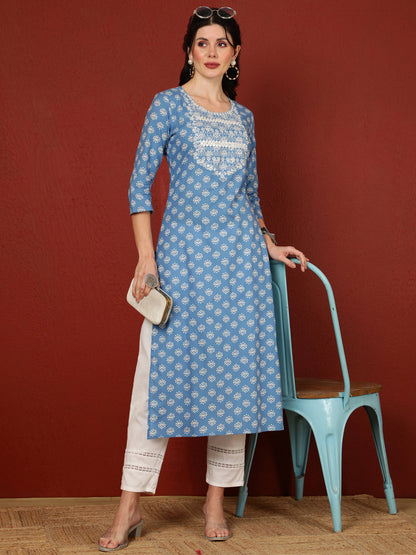 Cotton Calf Length Printed Straight 3/4 Sleeves Round Kurta