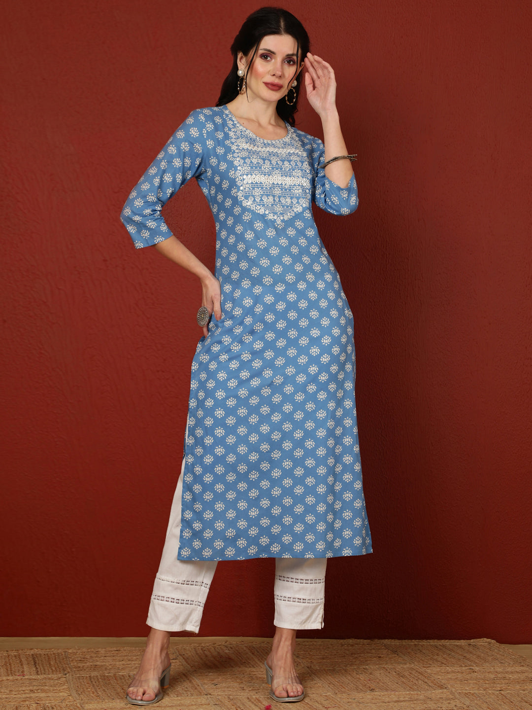Cotton Calf Length Printed Straight 3/4 Sleeves Round Kurta
