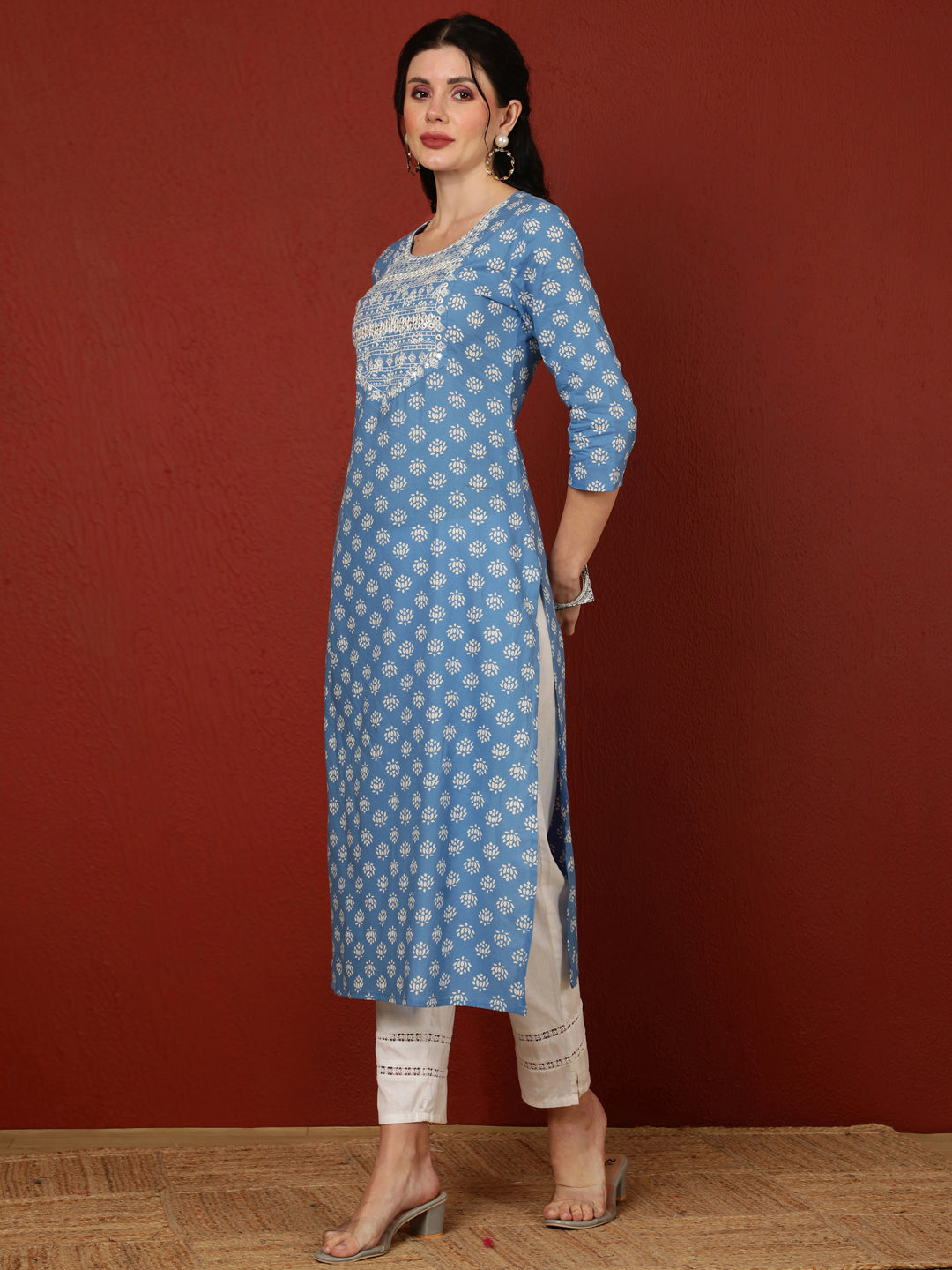 Cotton Calf Length Printed Straight 3/4 Sleeves Round Kurta