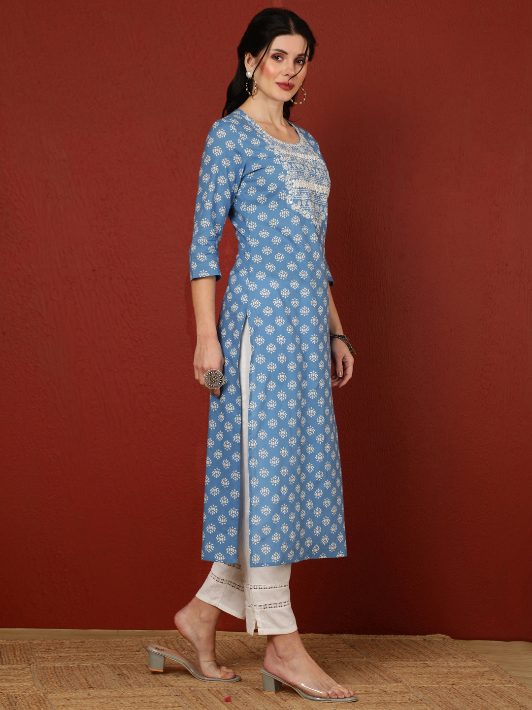 Cotton Calf Length Printed Straight 3/4 Sleeves Round Kurta