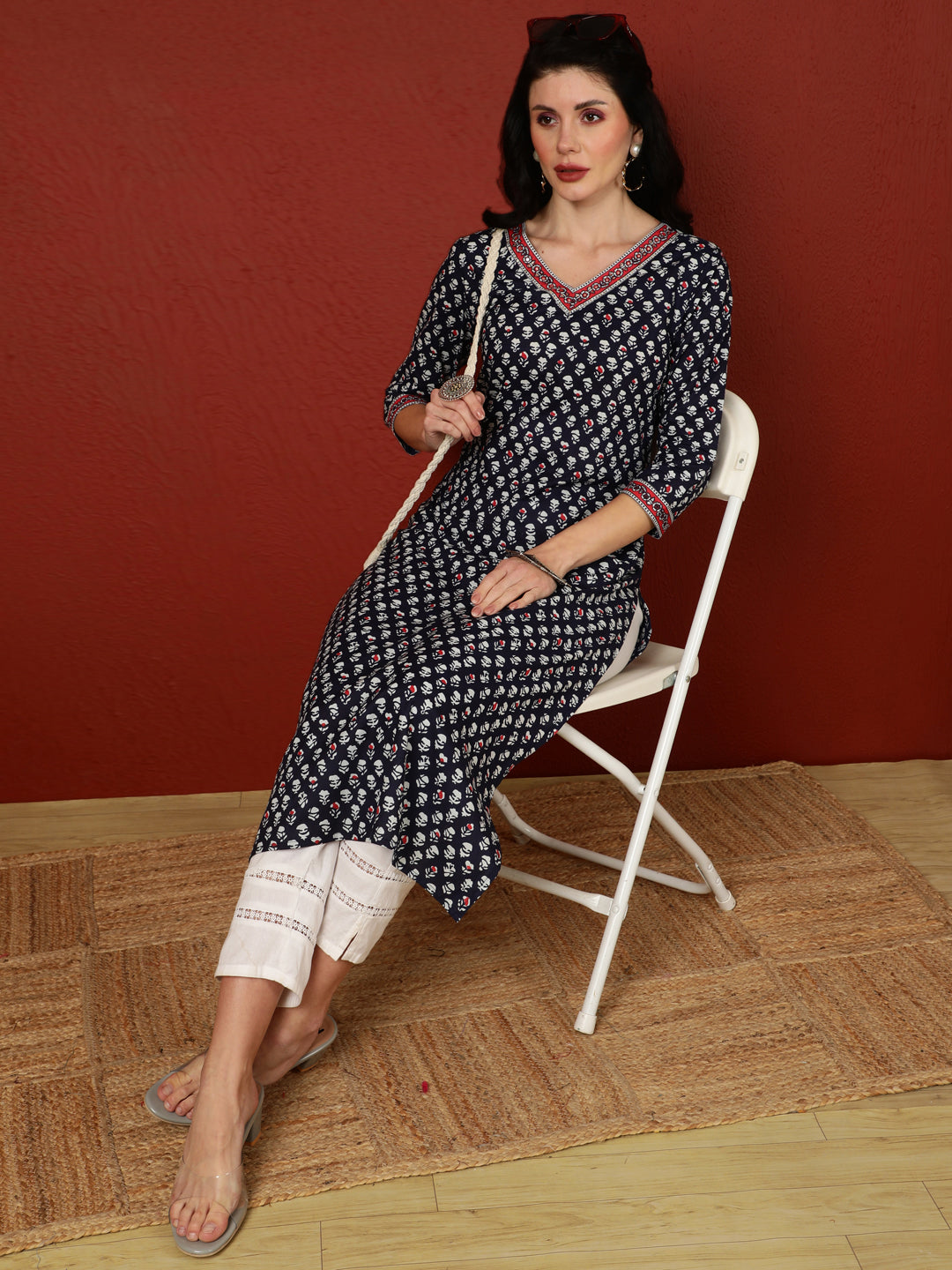 Cotton Calf Length Printed Straight 3/4 Sleeves V-Neck Kurta
