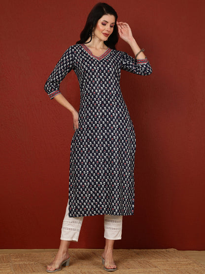 Cotton Calf Length Printed Straight 3/4 Sleeves V-Neck Kurta