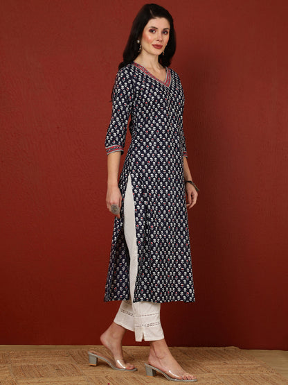 Cotton Calf Length Printed Straight 3/4 Sleeves V-Neck Kurta