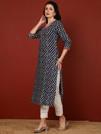 Cotton Calf Length Printed Straight 3/4 Sleeves V-Neck Kurta