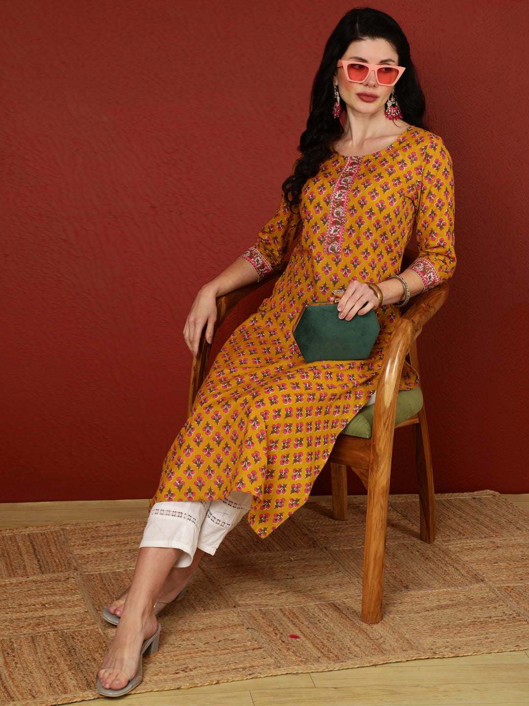 Cotton Calf Length Printed Straight 3/4 Sleeves Round Kurta
