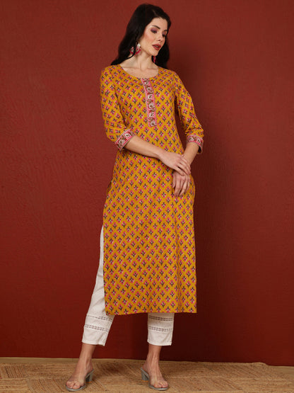 Cotton Calf Length Printed Straight 3/4 Sleeves Round Kurta