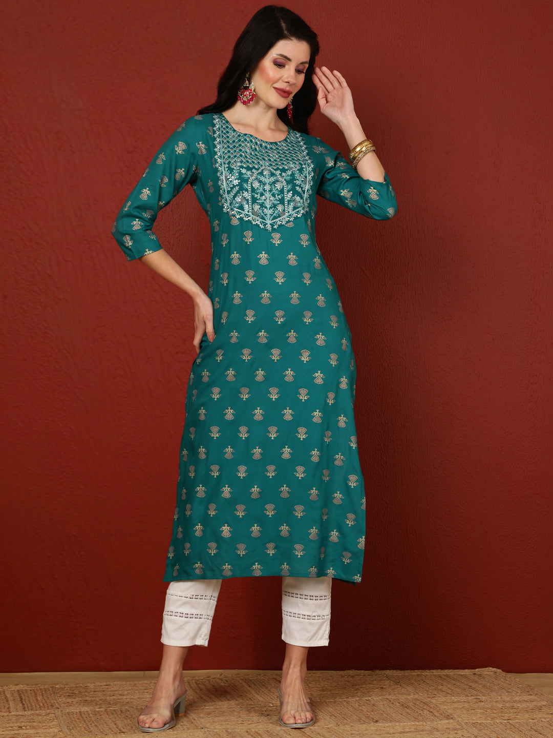Rayon Calf Length Printed Straight 3/4 Sleeves Round Kurta