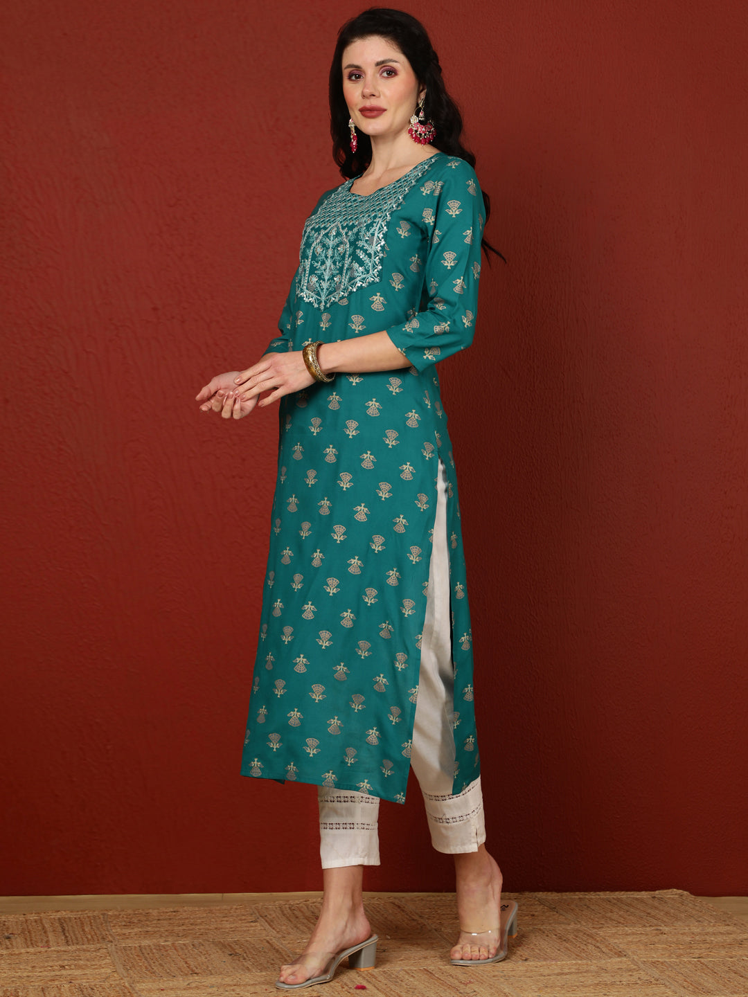 Rayon Calf Length Printed Straight 3/4 Sleeves Round Kurta