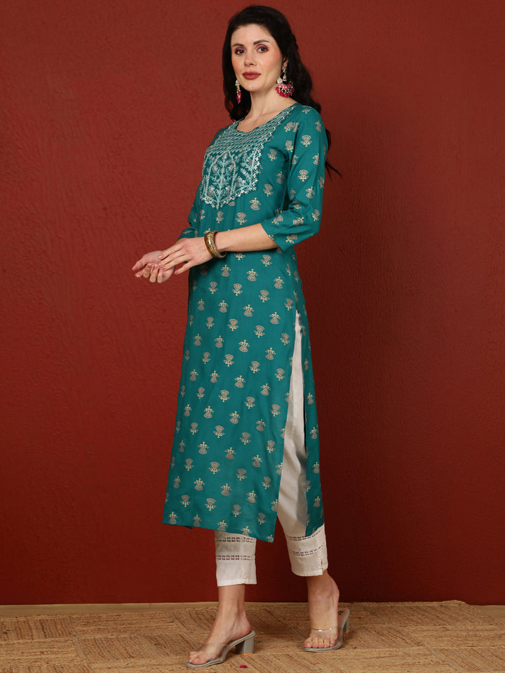 Rayon Calf Length Printed Straight 3/4 Sleeves Round Kurta
