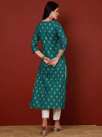 Rayon Calf Length Printed Straight 3/4 Sleeves Round Kurta