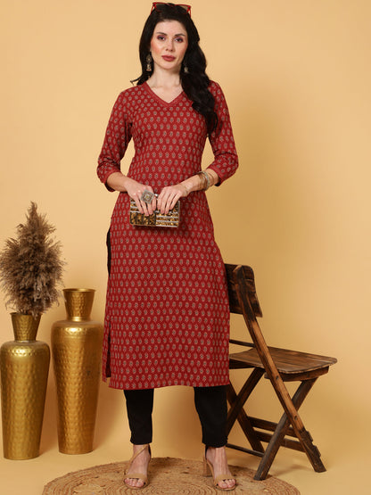 Cotton Calf Length Printed Straight 3/4 Sleeves V-Neck Kurta