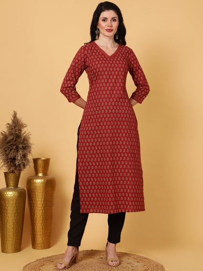 Cotton Calf Length Printed Straight 3/4 Sleeves V-Neck Kurta