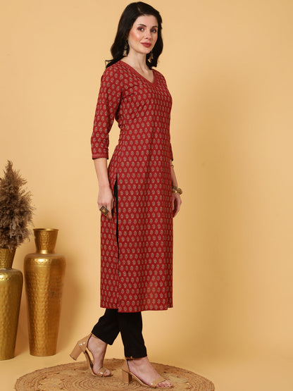 Cotton Calf Length Printed Straight 3/4 Sleeves V-Neck Kurta