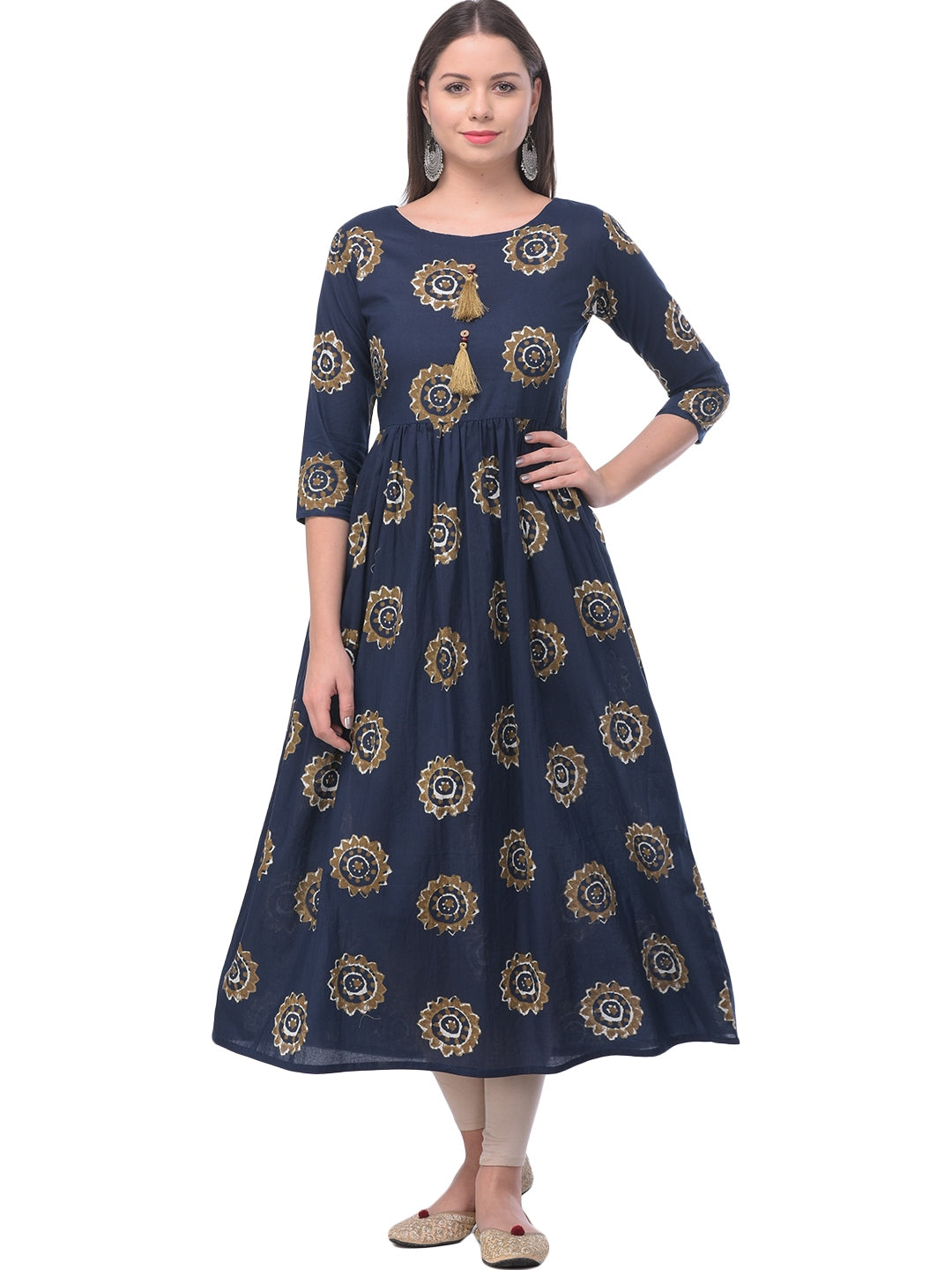 Cotton Printed Round Neck 3/4 Sleeve Flared Ankle Length Kurta