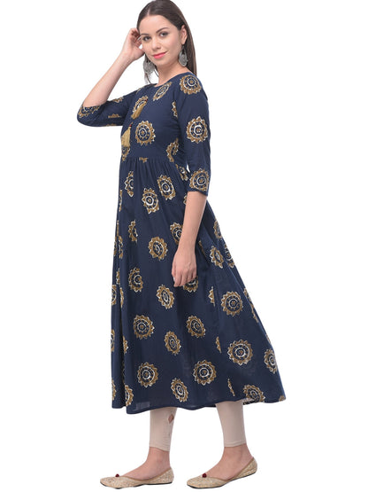 Cotton Printed Round Neck 3/4 Sleeve Flared Ankle Length Kurta