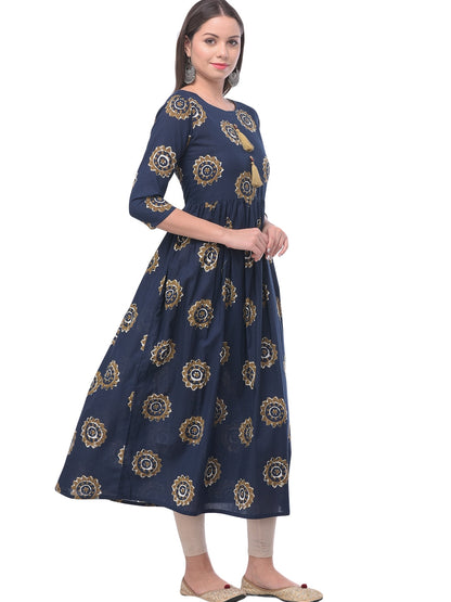 Cotton Printed Round Neck 3/4 Sleeve Flared Ankle Length Kurta
