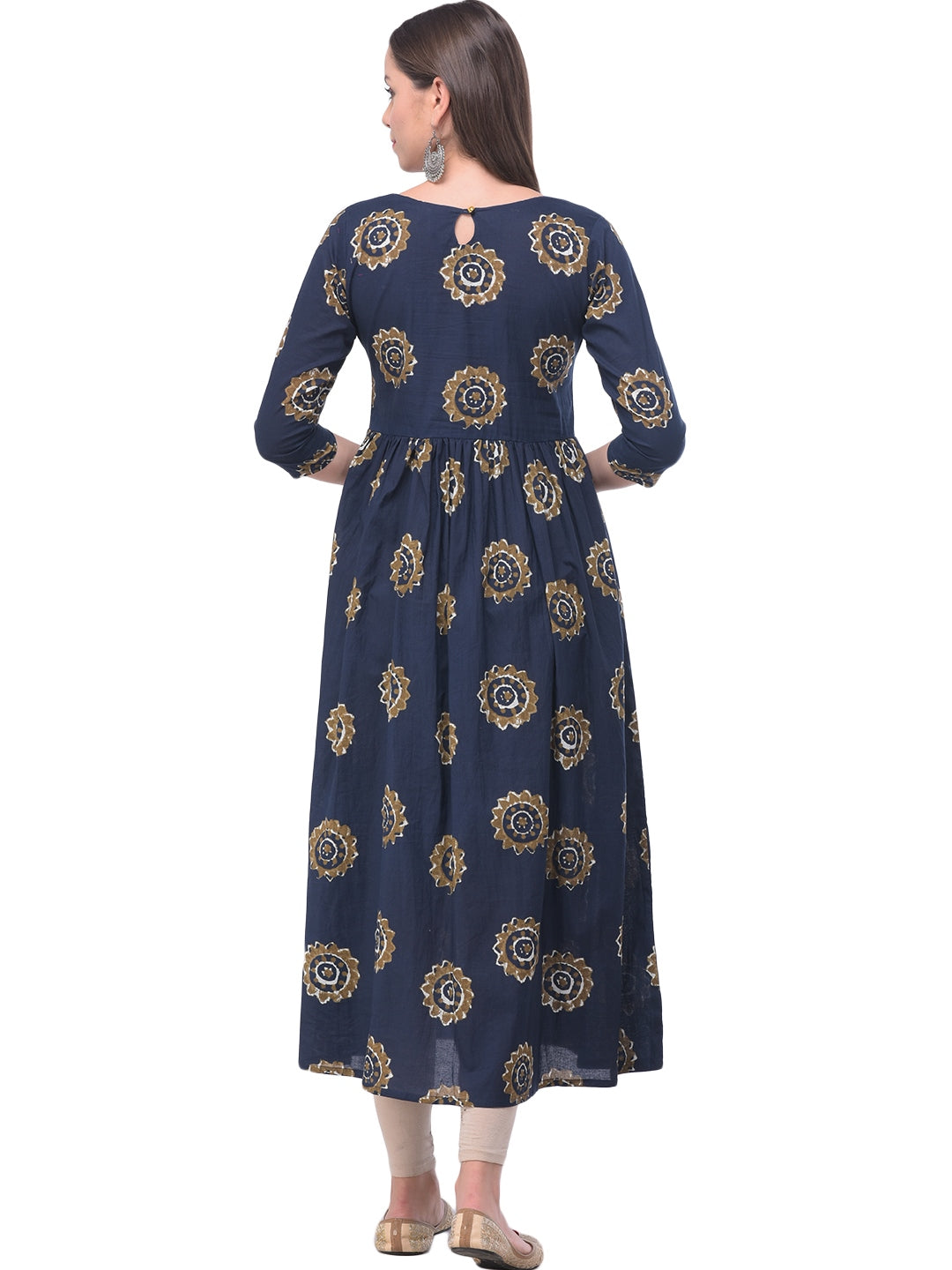 Cotton Printed Round Neck 3/4 Sleeve Flared Ankle Length Kurta