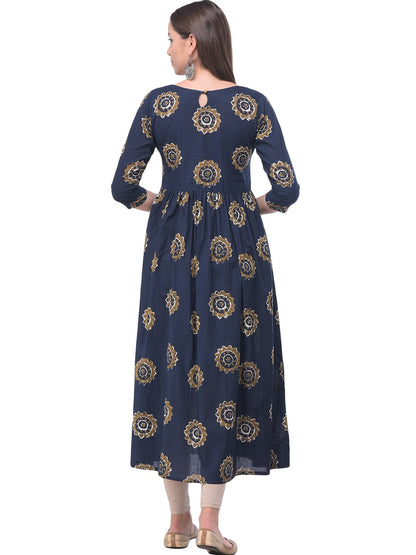 Cotton Printed Round Neck 3/4 Sleeve Flared Ankle Length Kurta