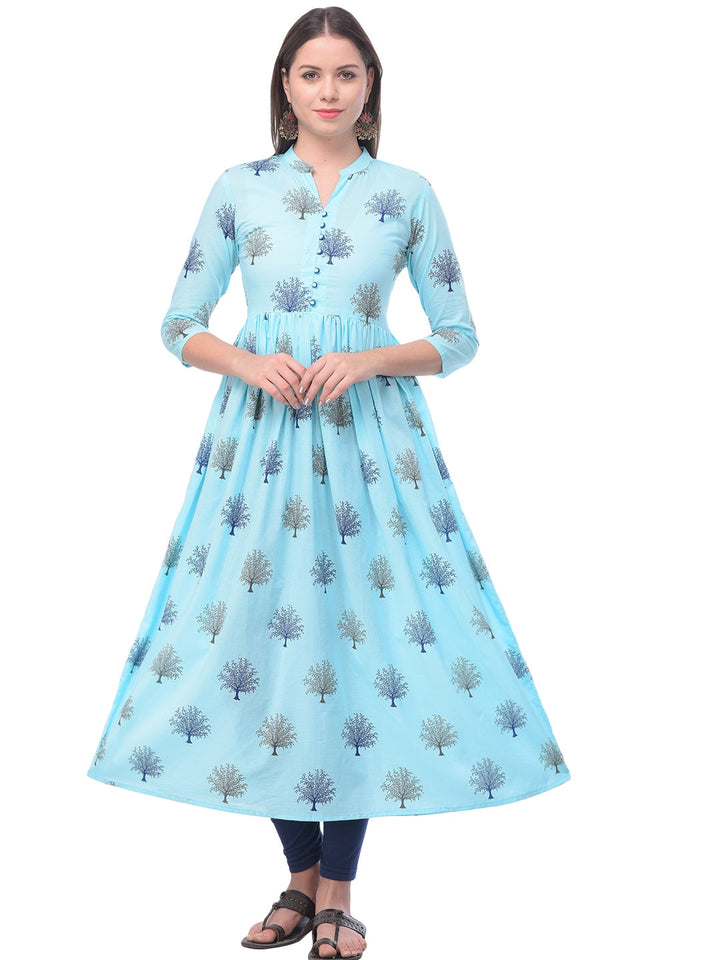 Cotton Printed Mandarin Neck 3/4 Sleeve Flared Ankle Length Kurta