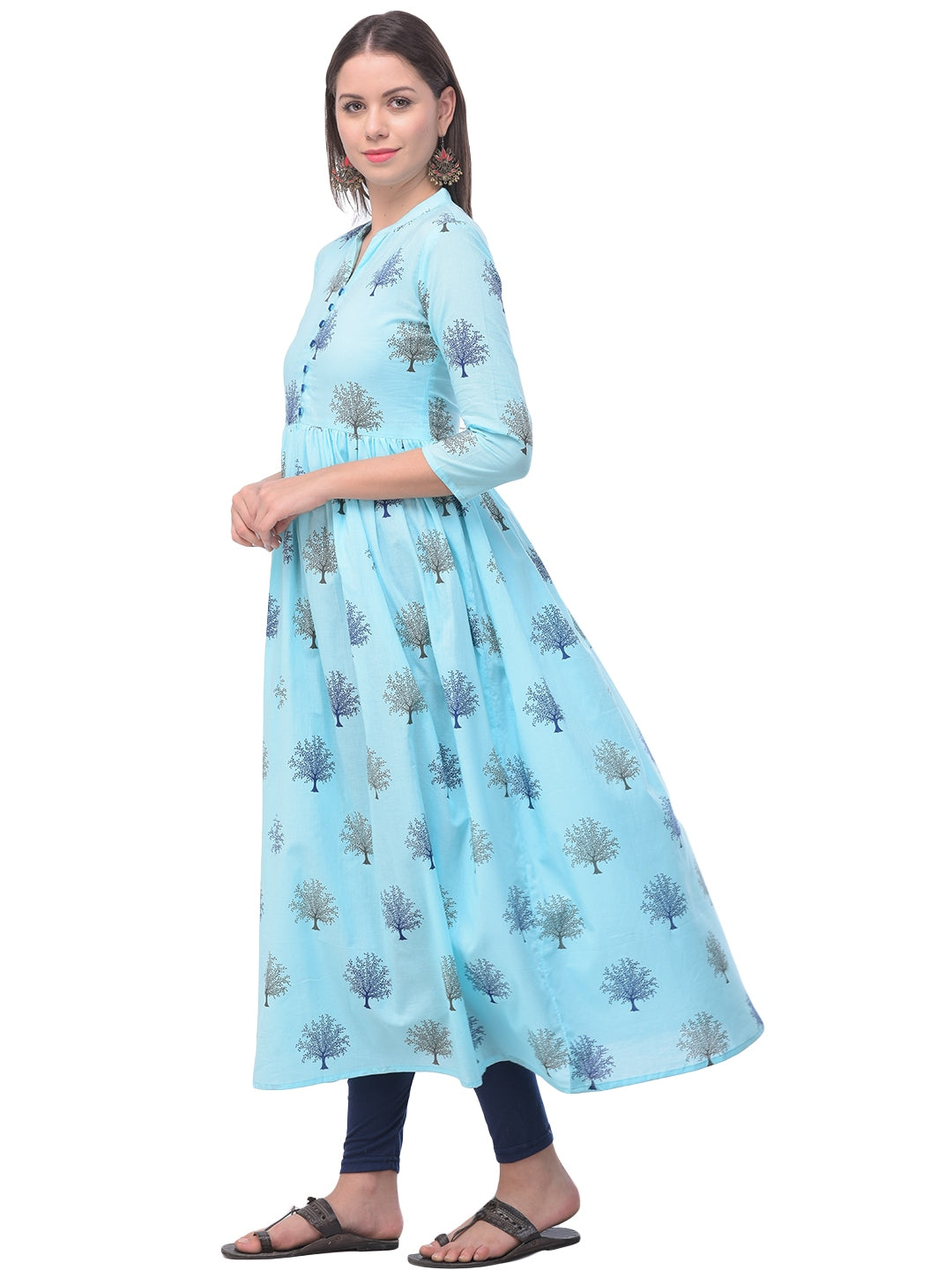Cotton Printed Mandarin Neck 3/4 Sleeve Flared Ankle Length Kurta