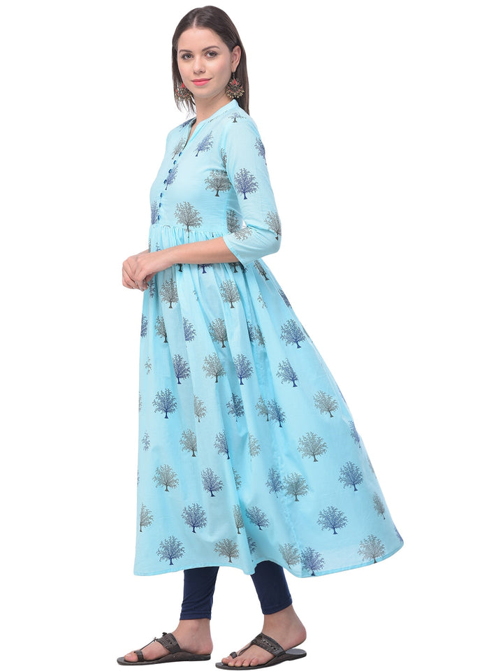 Cotton Printed Mandarin Neck 3/4 Sleeve Flared Ankle Length Kurta
