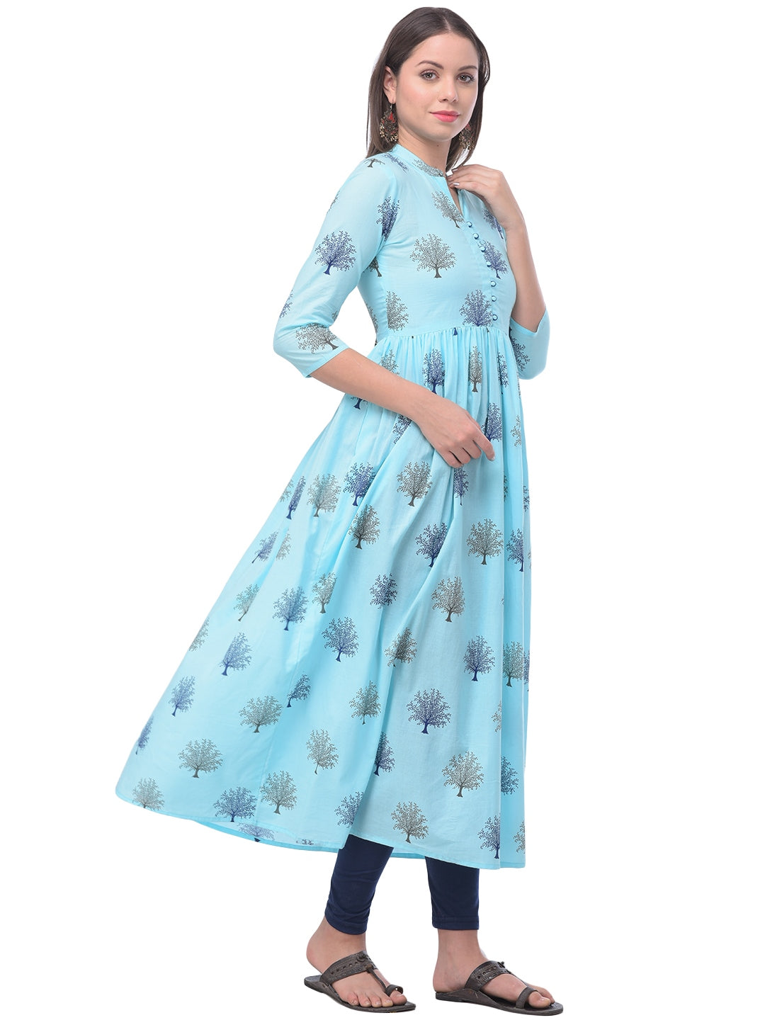 Cotton Printed Mandarin Neck 3/4 Sleeve Flared Ankle Length Kurta