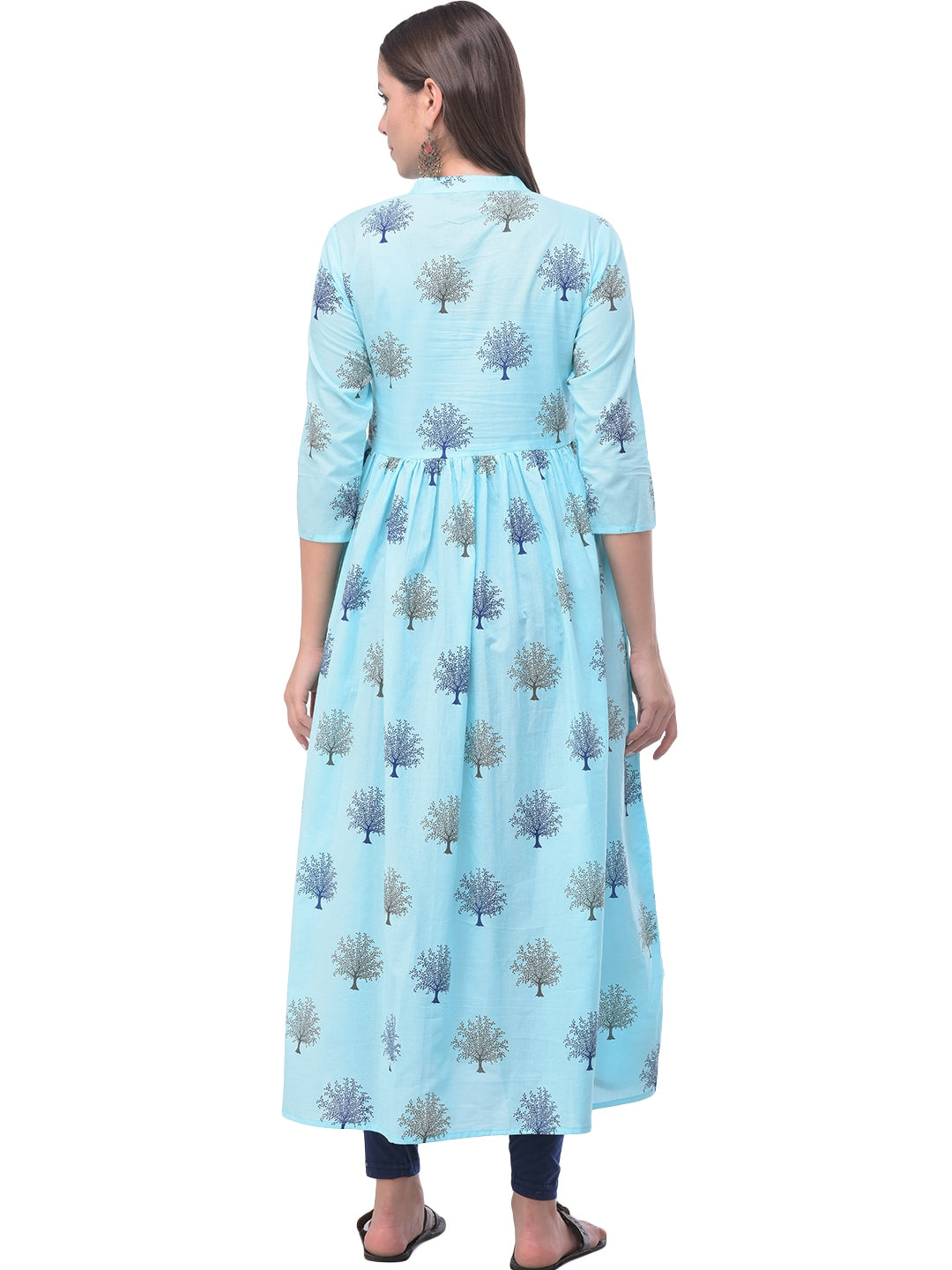 Cotton Printed Mandarin Neck 3/4 Sleeve Flared Ankle Length Kurta