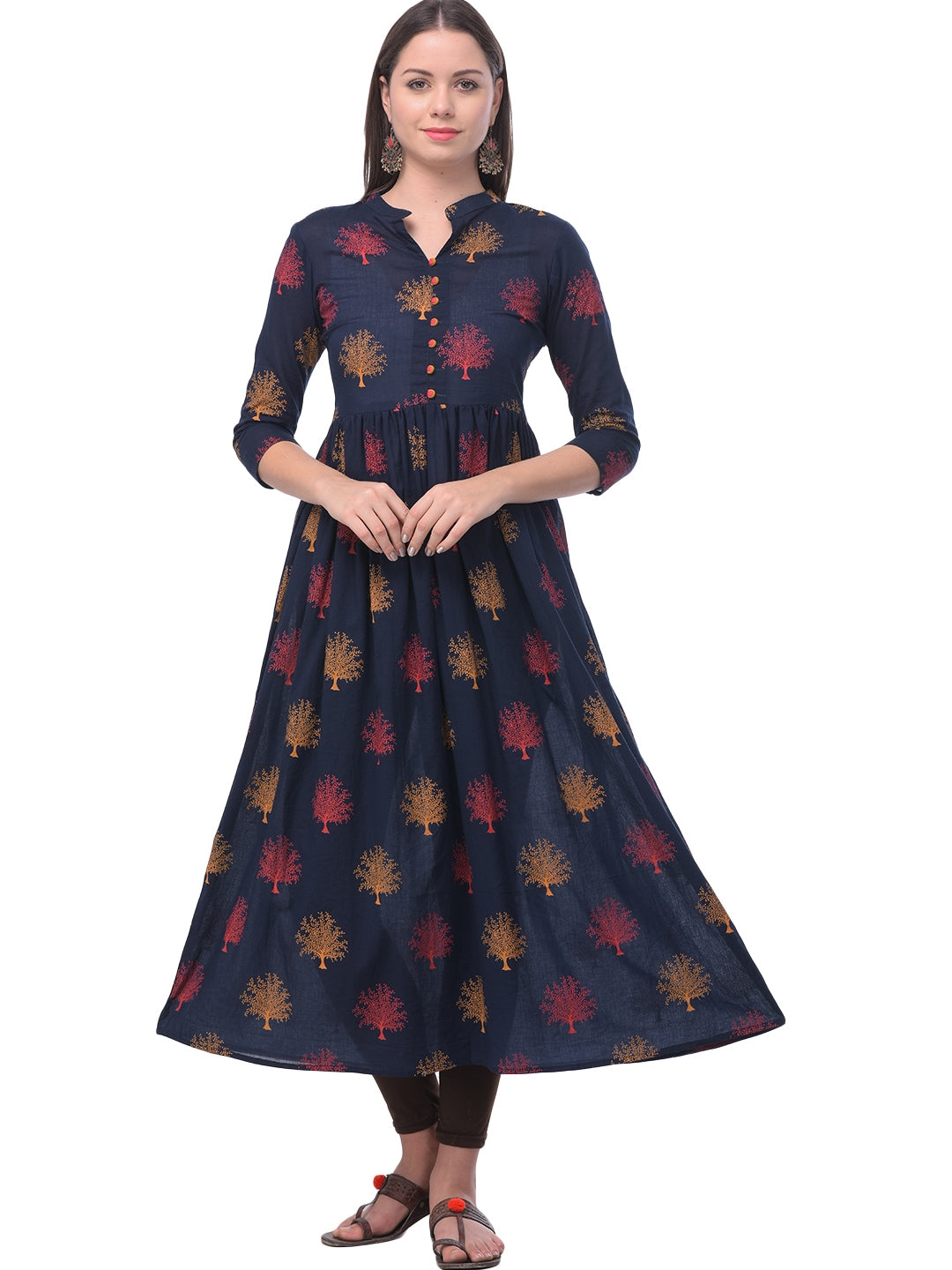 Cotton Printed Mandarin Neck 3/4 Sleeve Flared Ankle Length Kurta