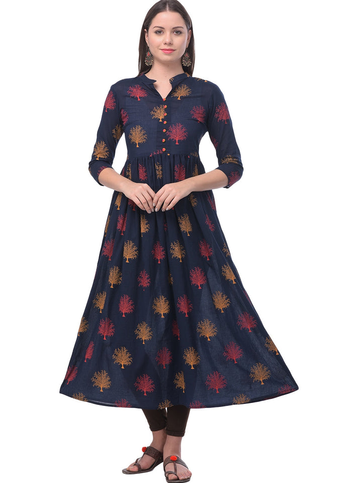 Cotton Printed Mandarin Neck 3/4 Sleeve Flared Ankle Length Kurta