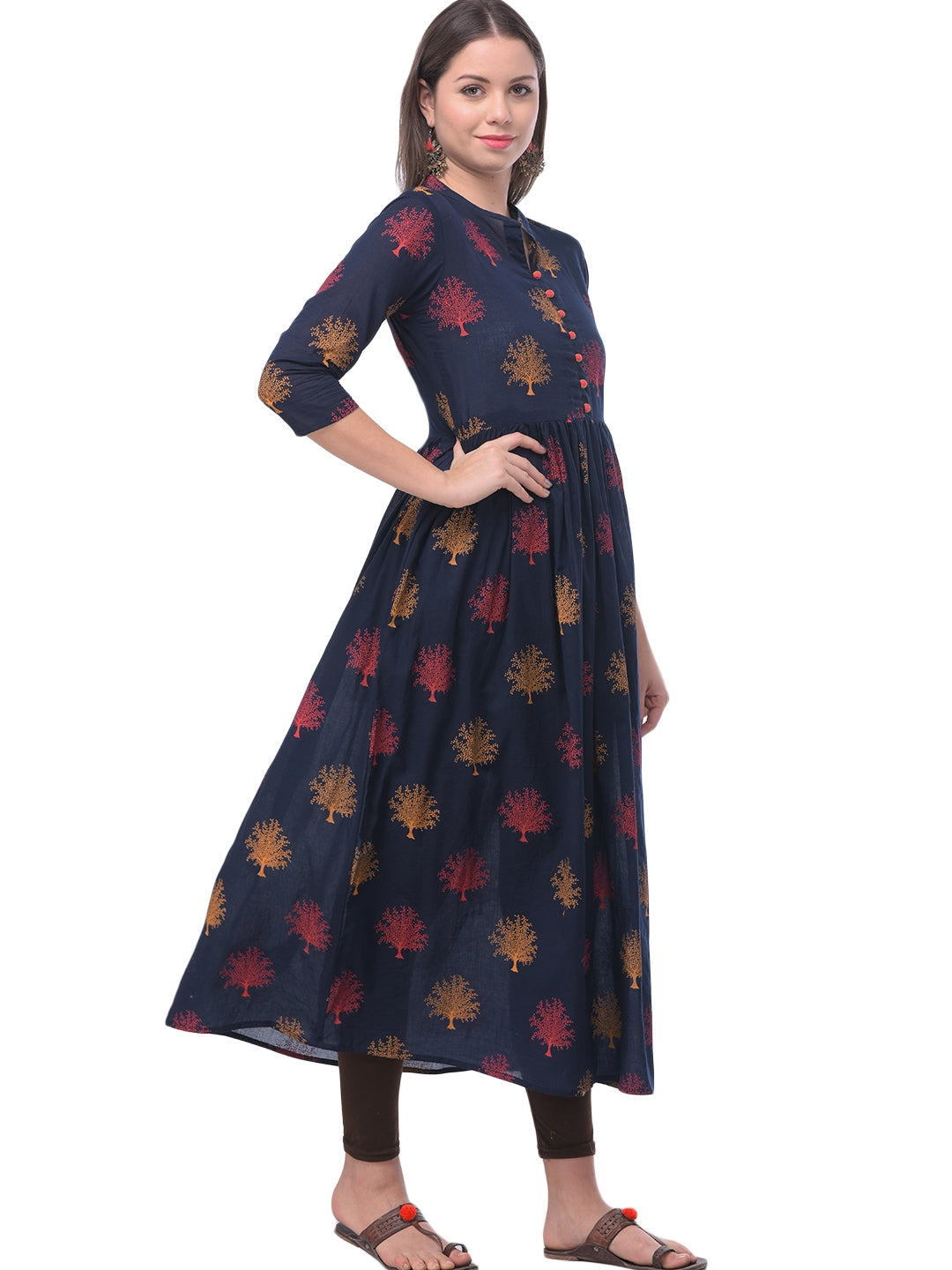 Cotton Printed Mandarin Neck 3/4 Sleeve Flared Ankle Length Kurta