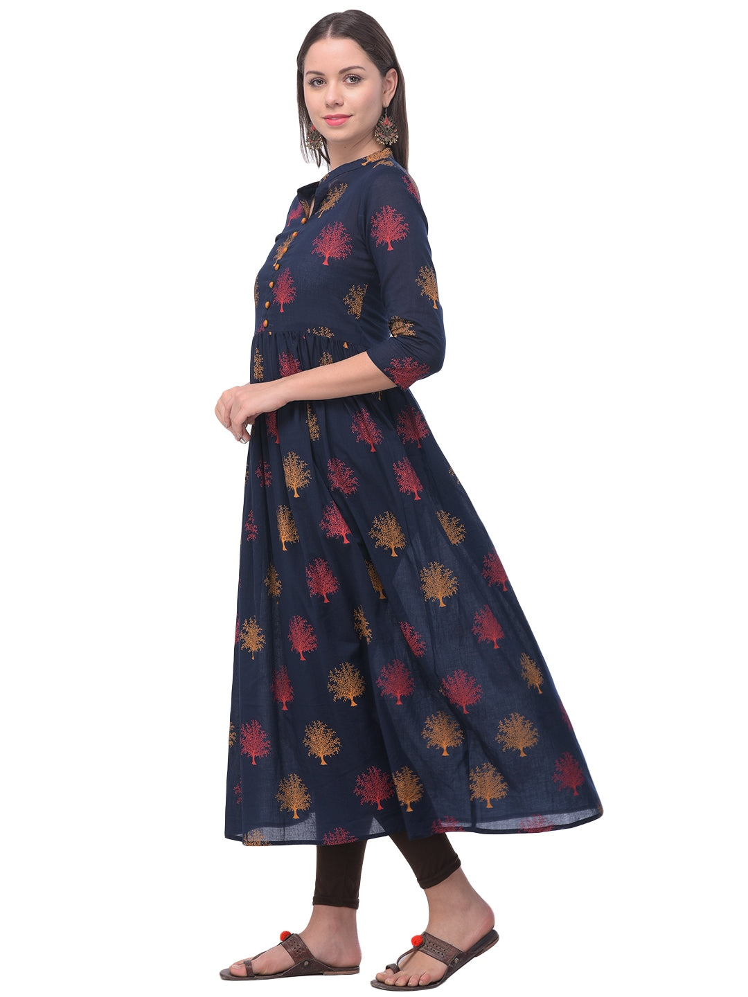 Cotton Printed Mandarin Neck 3/4 Sleeve Flared Ankle Length Kurta