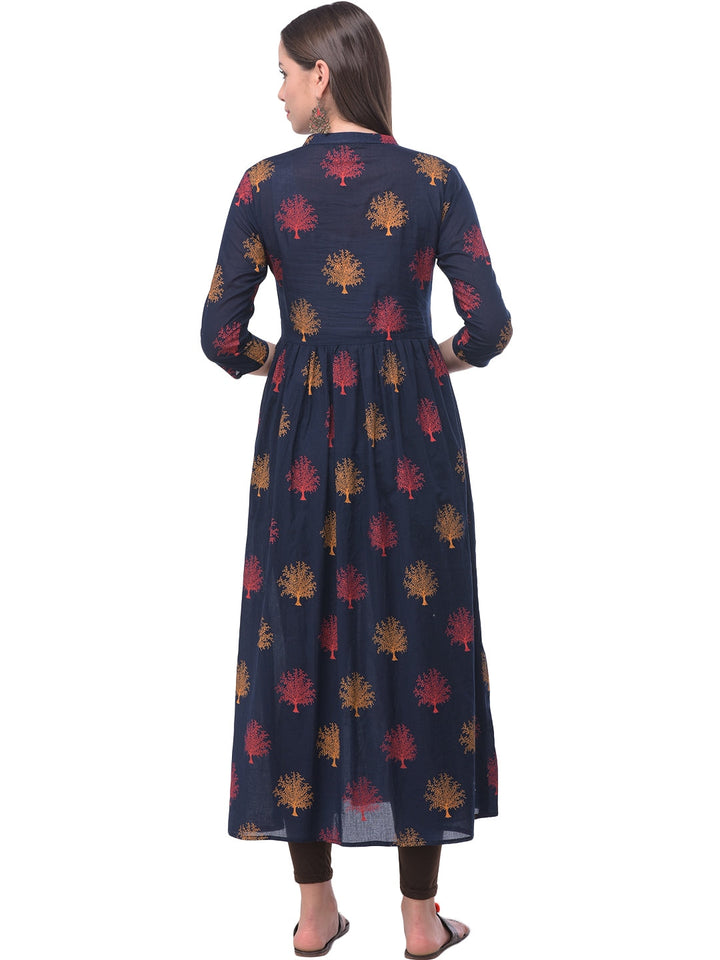 Cotton Printed Mandarin Neck 3/4 Sleeve Flared Ankle Length Kurta