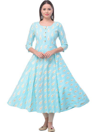 Cotton Printed Round Neck 3/4 Sleeve Flared Ankle Length Kurta