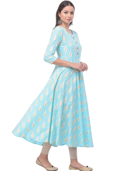 Cotton Printed Round Neck 3/4 Sleeve Flared Ankle Length Kurta