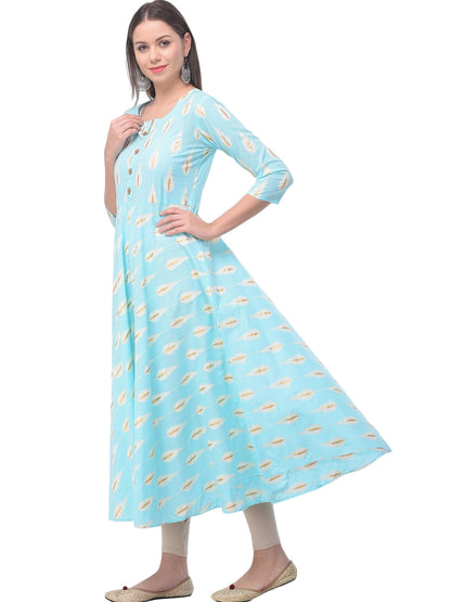 Cotton Printed Round Neck 3/4 Sleeve Flared Ankle Length Kurta
