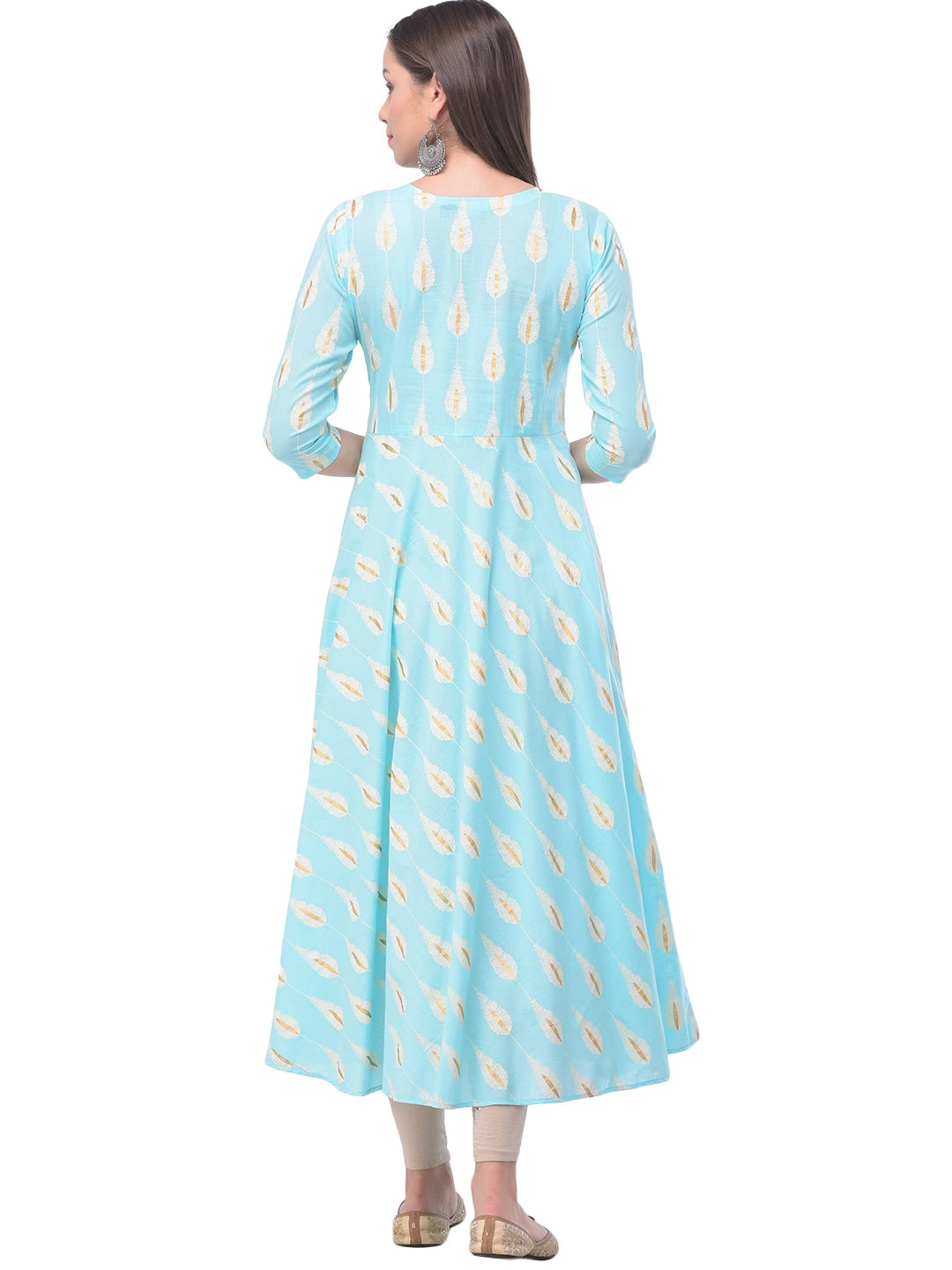 Cotton Printed Round Neck 3/4 Sleeve Flared Ankle Length Kurta