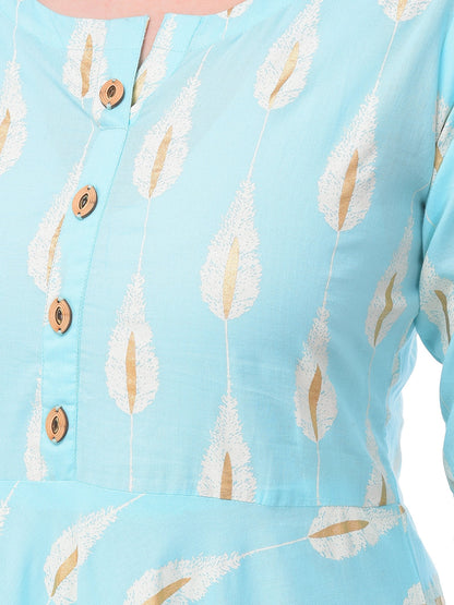 Cotton Printed Round Neck 3/4 Sleeve Flared Ankle Length Kurta