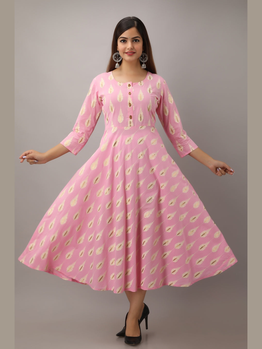 Cotton Printed Round Neck 3/4 Sleeve Flared Ankle Length Kurta