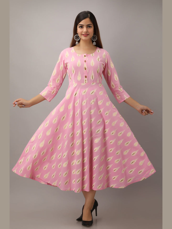 Cotton Printed Round Neck 3/4 Sleeve Flared Ankle Length Kurta